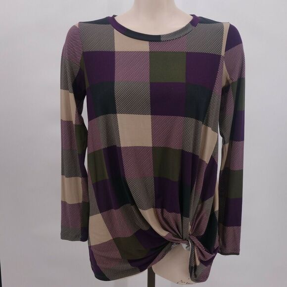 Reborn J Green Purple Plaid Long Sleeve Tie Knot Front Shirt Women's Small USA - Picture 1 of 7